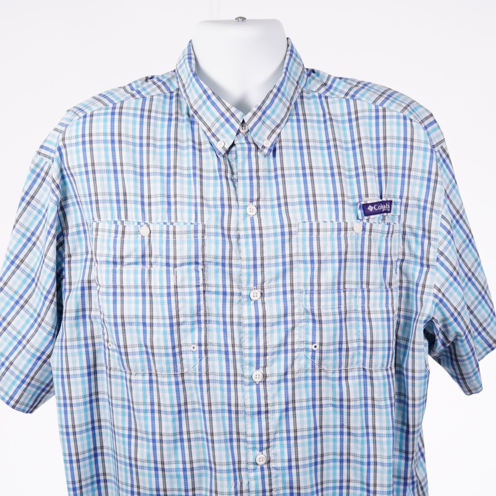 Columbia Super Tamiami Mens XL Blue White Plaid Vented Fishing Shirt Button Down